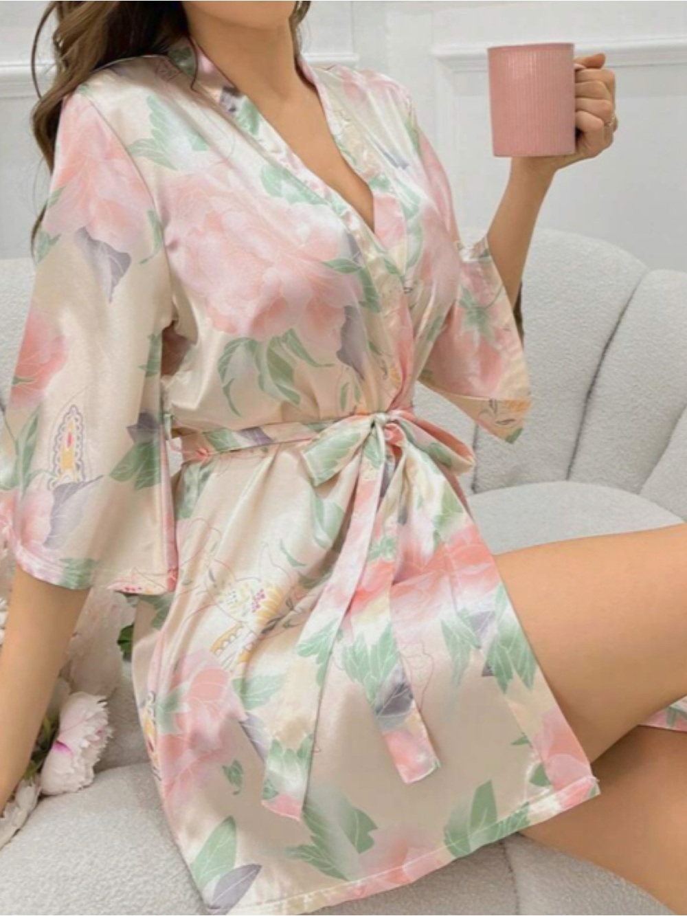 Satin Floral Tie-Waist Robe - NIP